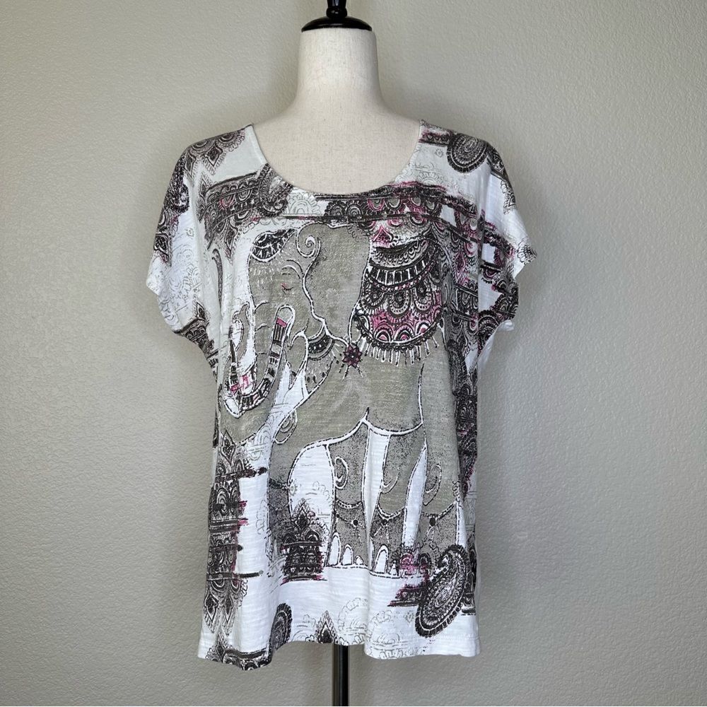 Chico’s Elephant Print Short Sleeves Women’s Top, Sz Large